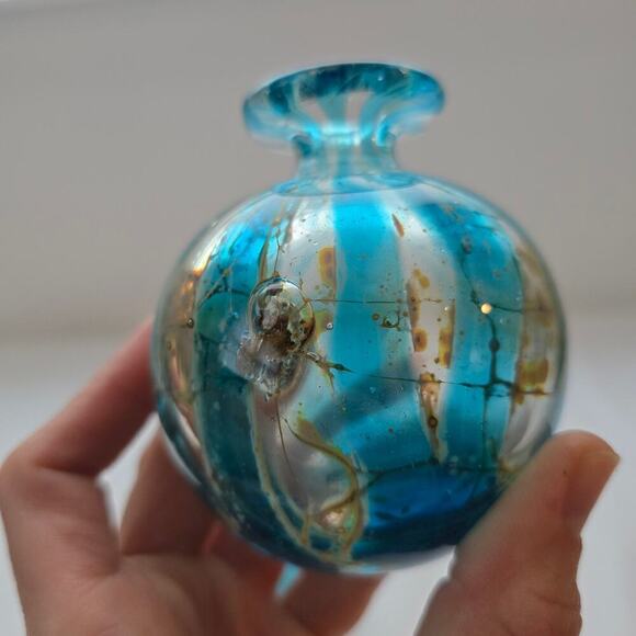 Mdina Two Mini Glass Vases Maltese Art Crystal Blue Stripe Crizzle 1970's MCM - Picture 15 of 16